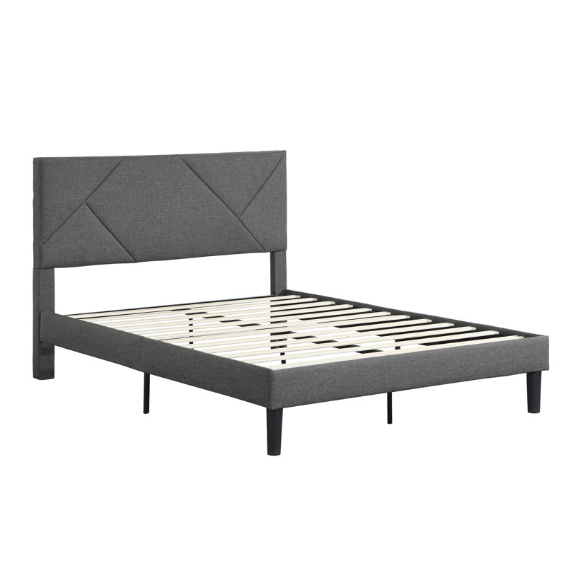 Grand lit plateforme tapissier avec tête de lit, support en lattes de bois, sans sommier, gris