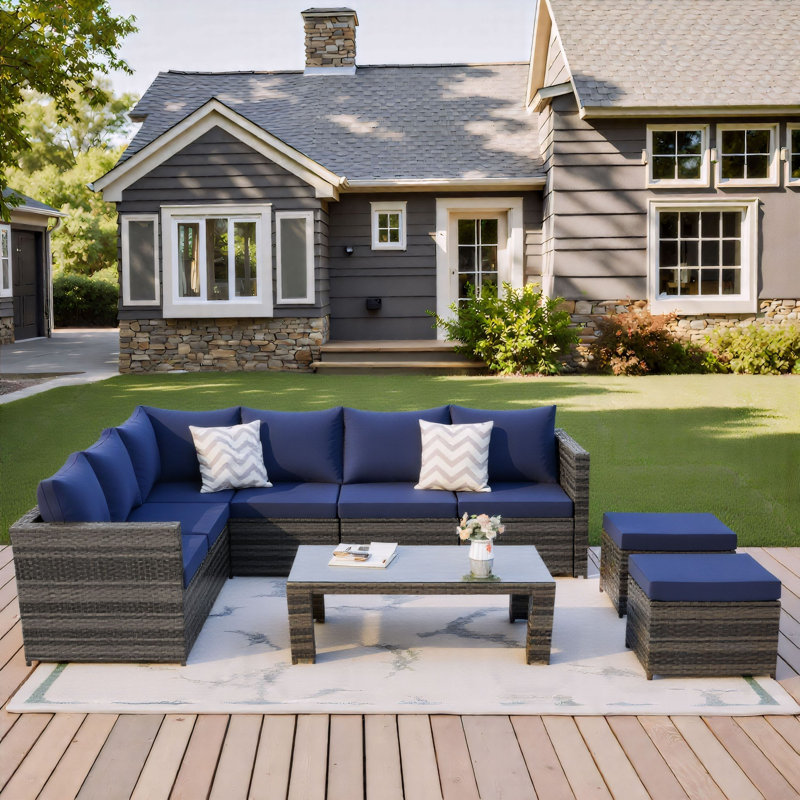 6 Piece Outdoor Seating Group With Cushions, Dark Blue