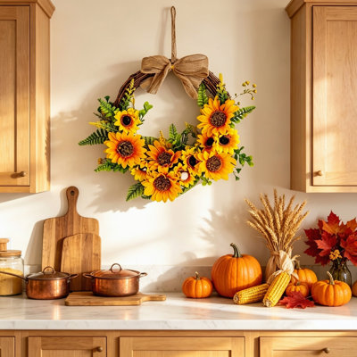 Artificial Sunflower Wreath Rustic Farmhouse Decorative,Handmade,for Front Door Wall Window Wedding Home Decor,for All Seasons