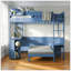 Lit mezzanine double en bois avec bureau, tablette de rangement de chevet, canapé et lumière, bleu marine-2005166097