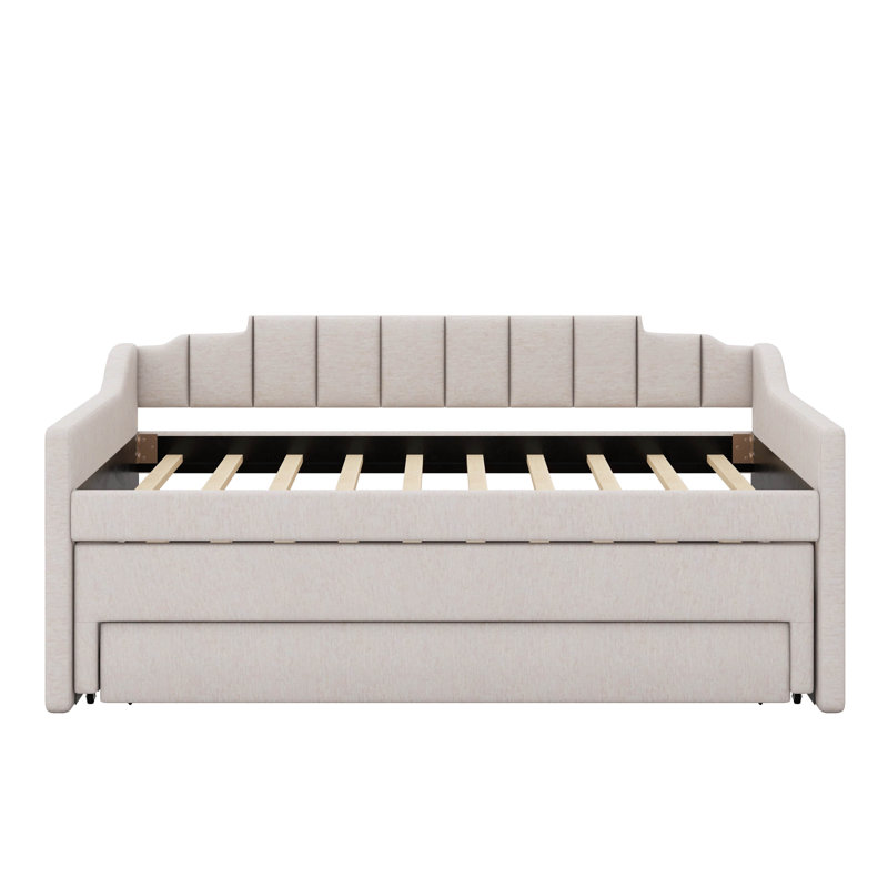 Twin Upholstered Daybed With Trundle And Drawers., Beige