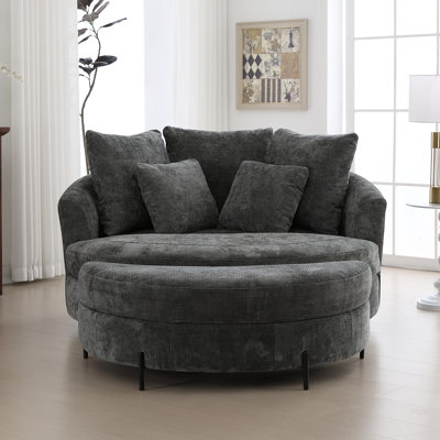59.8" W Upholstered Oversized Slipcovered Accent Barrel Lounge Chair With Crescent Storage Ottoman