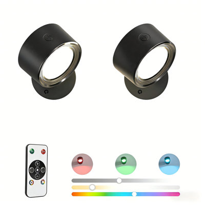 Lightbiz 2-Pack Cordless LED RGB Wall Sconces - 3000mAh Rechargeable Remote Dimmable 3 Color Temp Magnetic 360° Rotation