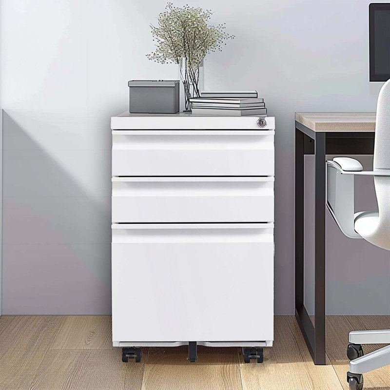 3 Drawer Mobile File Cabinet With Lock, Metal Filing Cabinet, Living Room Storage Cabinet, White