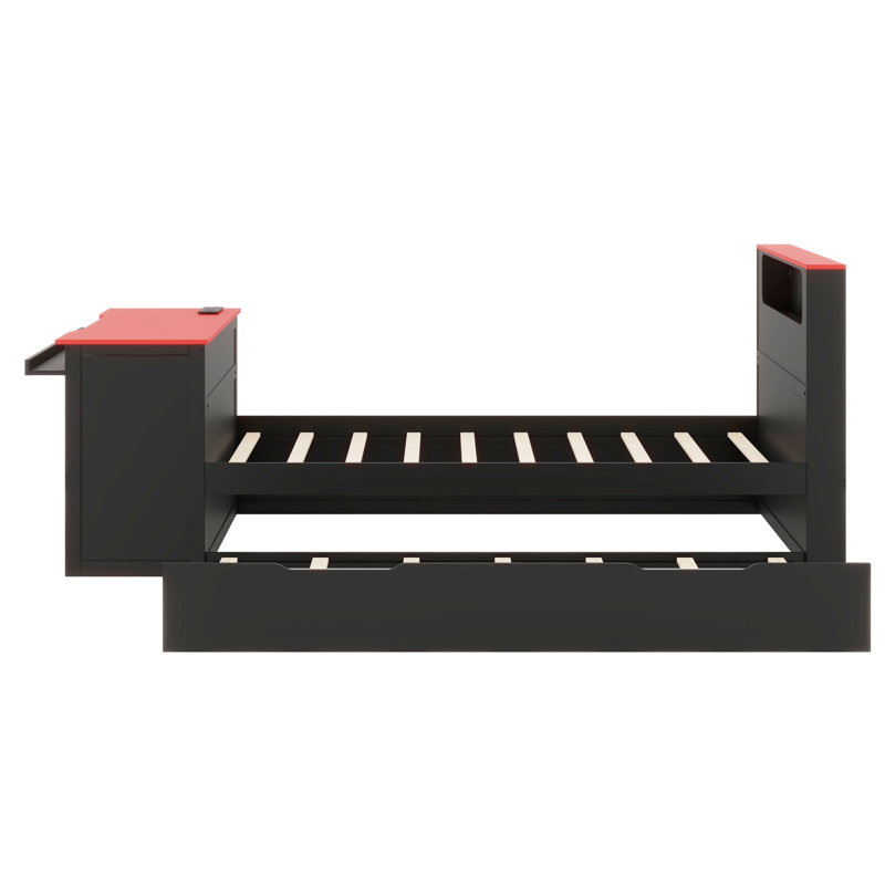 Modern Wood Daybed with Trundle & Integrated Desk - LED Light + USB Charging, Twin, Black+Red