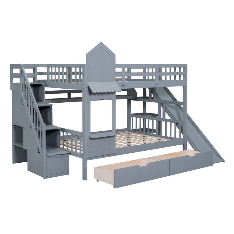 Lit superposé de style château avec 2 tiroirs, 3 tablettes et glissade, Double sur double, Gris