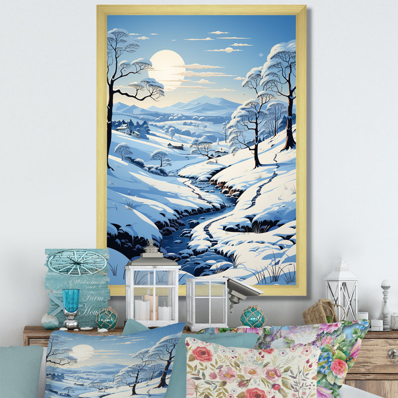 Neige hivernale solitude - impression, Encadrement doré, H 32 po x l 16 po x P 1 po