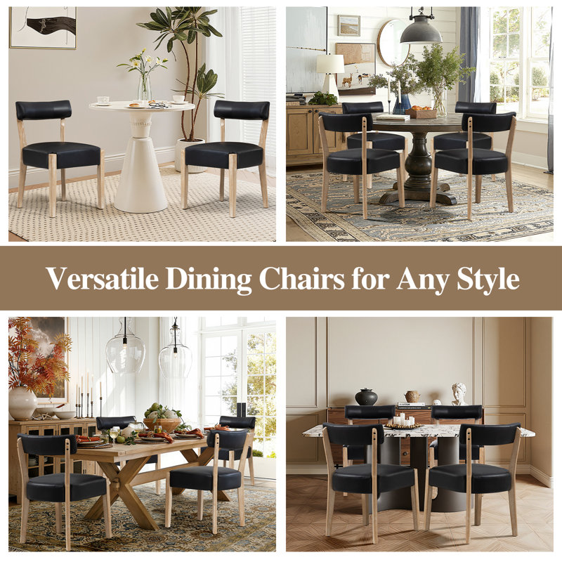 Linen Leather Solid Wood Side Dining Chairs, Black