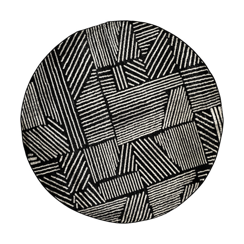 Rambo Geometric Black/Ivory Area Rug, Round 6'7", Black