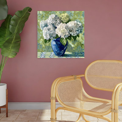 White Hydrangeas Blue Vase Contemporary Elegant Geometric Hydrangea Flower Nature Wall Art