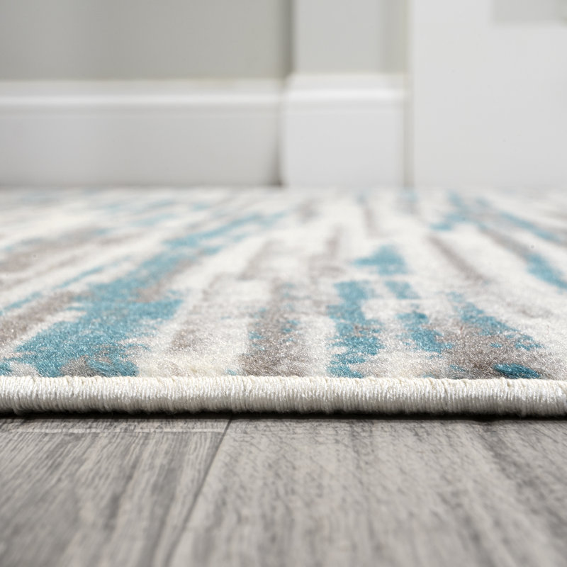 Tapis gris / bleu à rayures abstraites Oritz, Rectangle 2 pi 11 po x 5 pi