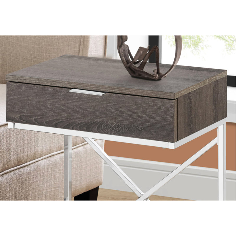 Table d'appoint élégante avec grand tiroir de rangement et structure métallique minimaliste, accent moderne, plateau taupe spacieux
