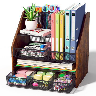 Wooden Desk Organizer - Mesh File Organizer With Drawers And Pen Holder - 4-Tier Vertical Paper Letter Storage Tray, Desktop Organizers And Accessorie