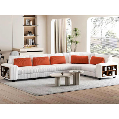 Accoudoirs confortables en beige, 5 sièges, tissu beige en forme de L, coussins, 5
