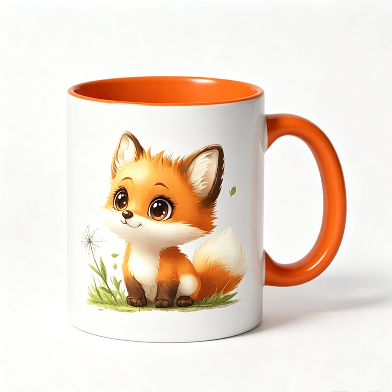 A Charming Ceramic Coffee Mug Featuring a Playful Orange Fox Surrounded by Green Leaves And Dandelions, Perfect for Halloween.