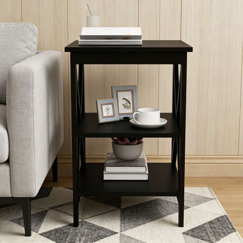 Wooden End Table with Storage Modern Sofa Side Table with X-Shape Design and Two Shelves, Black