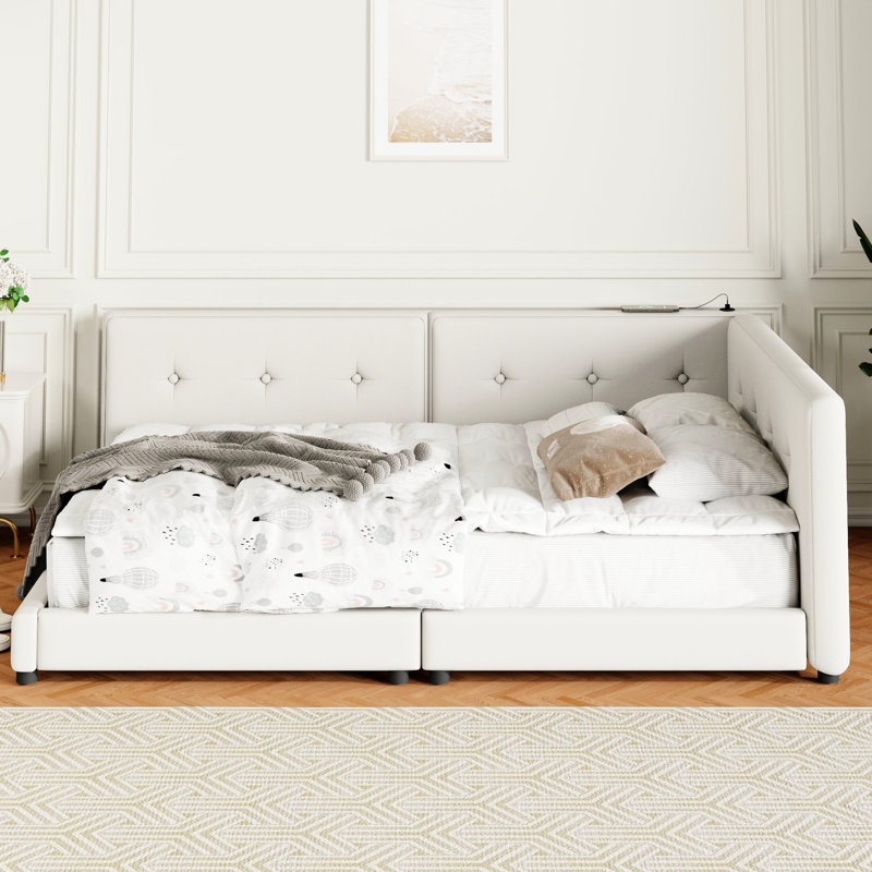 Grand lit plateforme tapissier beige avec design élégant et structure robuste, Beige, Grand lit
