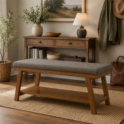 Banc rembourré en lin avec tablette de rangement - capacité de 350 lb, banc de bout de lit moderne avec siège rembourré pour chambre à coucher, vestibule ou salon
