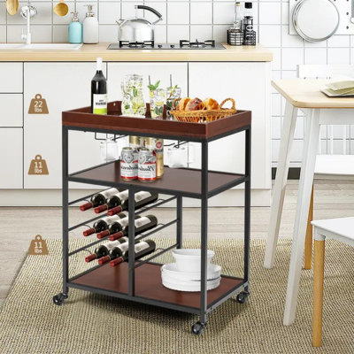 Bar Serving Cart, Rolling Kitchen Island Cart W/ 9-Bottle Wine Racks & Glass Holders, Utility Beverage Cart Trolley With Lockable Wheels For Home Kitc