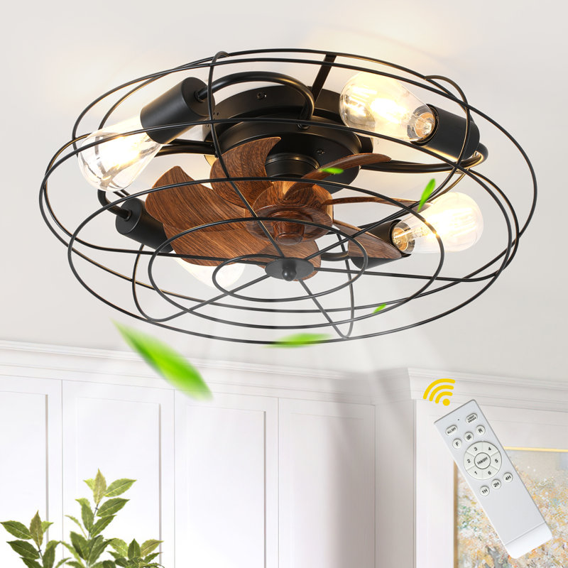 20" Black Industrial Metal Caged Flush Mount Ceiling Fan with Light and Remote, 6-speed DC Motor for Bedroom