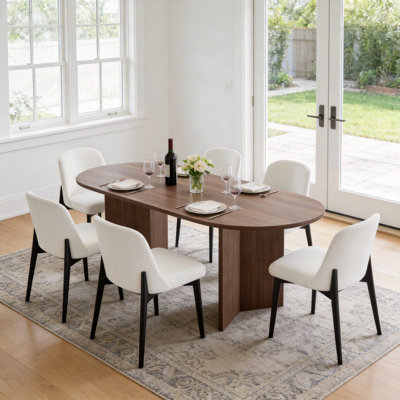 Modern 67" Double Pedestal Wood Dining Table Sets With 6 Upholstered Dining Chairs