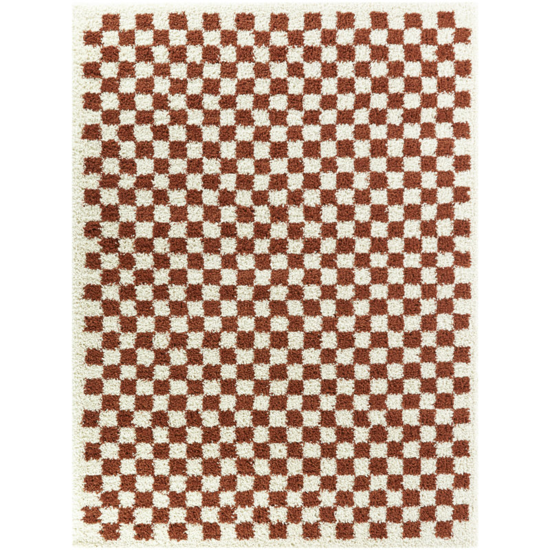 Tapis à carreaux orange brûlé / crème à poils longs Walker, Rectangle 6 pi 7 po x 9 pi