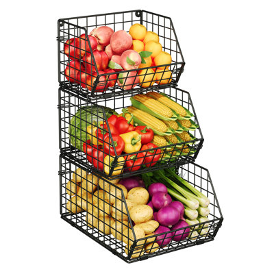 3-Tier Stackable Wire Baskets For Pantry Organization And Storage, Kitchen Counter Basket For Potato Onion Storage