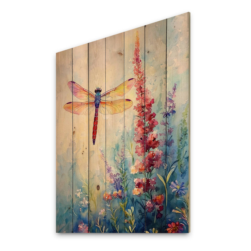 Libellule dans les jardins II - impression moderne en bois rouge sur bois de pin naturel, H 20 po x l 10 po