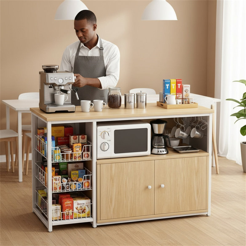 Un support de rangement de cuisine de style moderne avec des armoires, combinant un panneau de fibres à densité moyenne de couleur chêne naturel avec une structure en acier robuste.