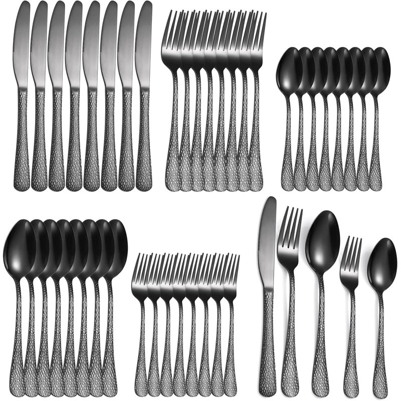 Ensemble de couverts 40 pièces pour 8 ustensiles de cuisine en acier inoxydable avec poignées martelées élégantes pour un usage quotidien et des occasions spéciales