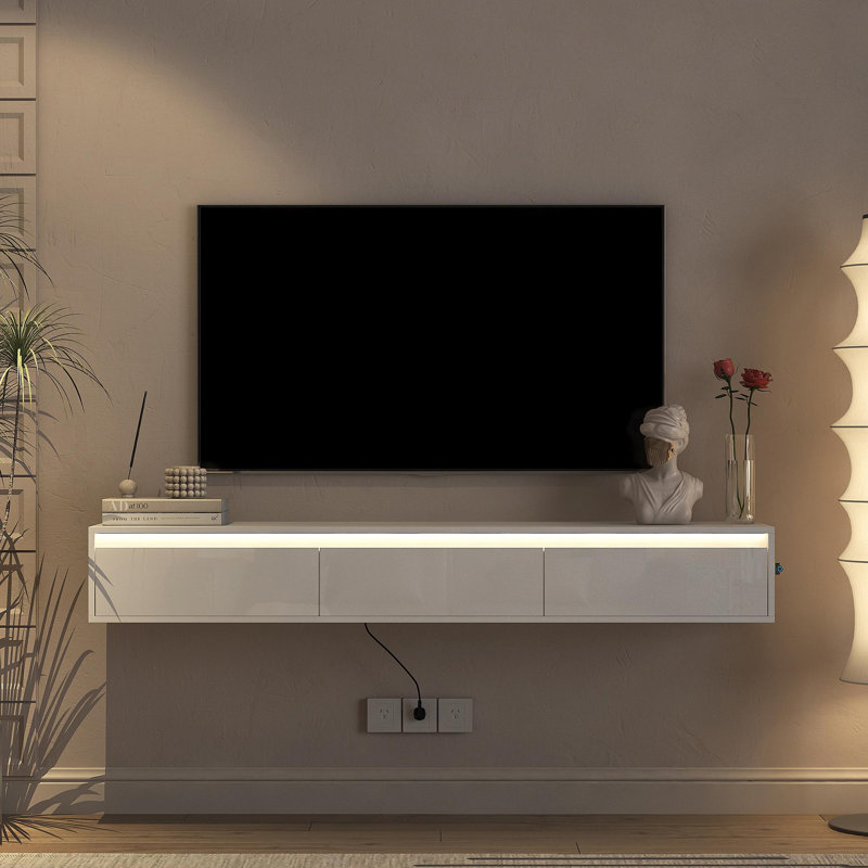 Floating TV Stand, Wall Mounted TV Shelf With Led Lights & Power Outlet,High Gloss TV Cabinet For Tv Stands For Living Room