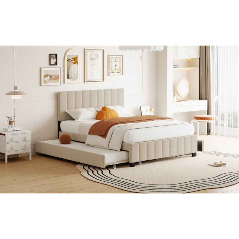 Chavanne Velvet Upholstered Platform Bed with Drawers and Trundle, Beige
