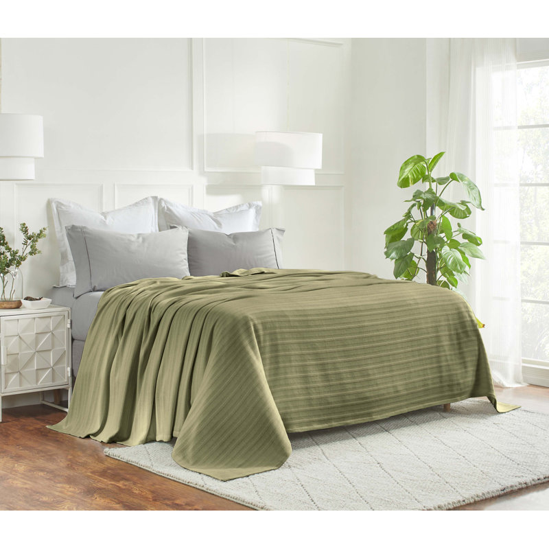 Superior Clara 100% Cotton Jacquard Textured Striped Blanket, Sage, Full/Queen