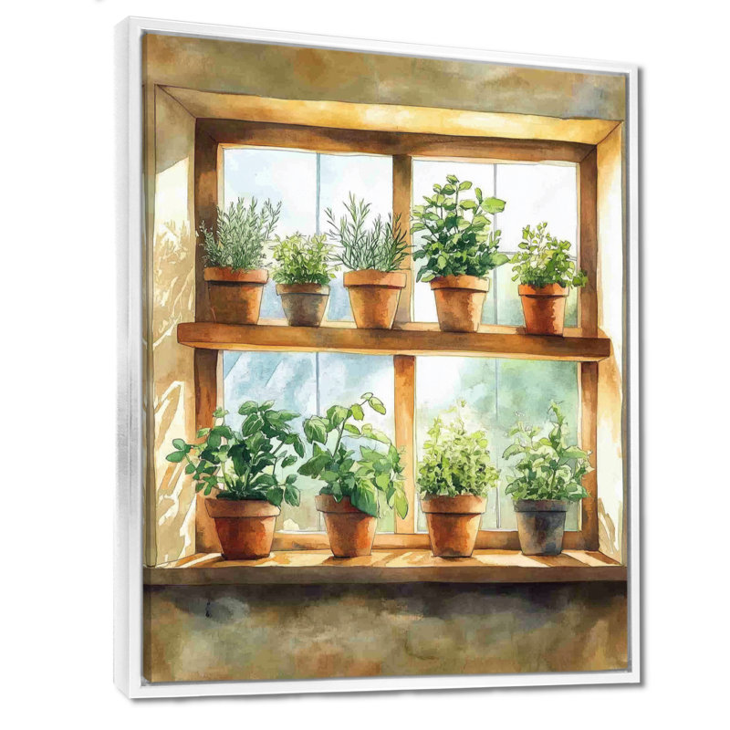 Herbes sur la fenêtre de la cuisine - Art mural sur toile culinaire, H 44 po x l 34 po, White Floater Framed