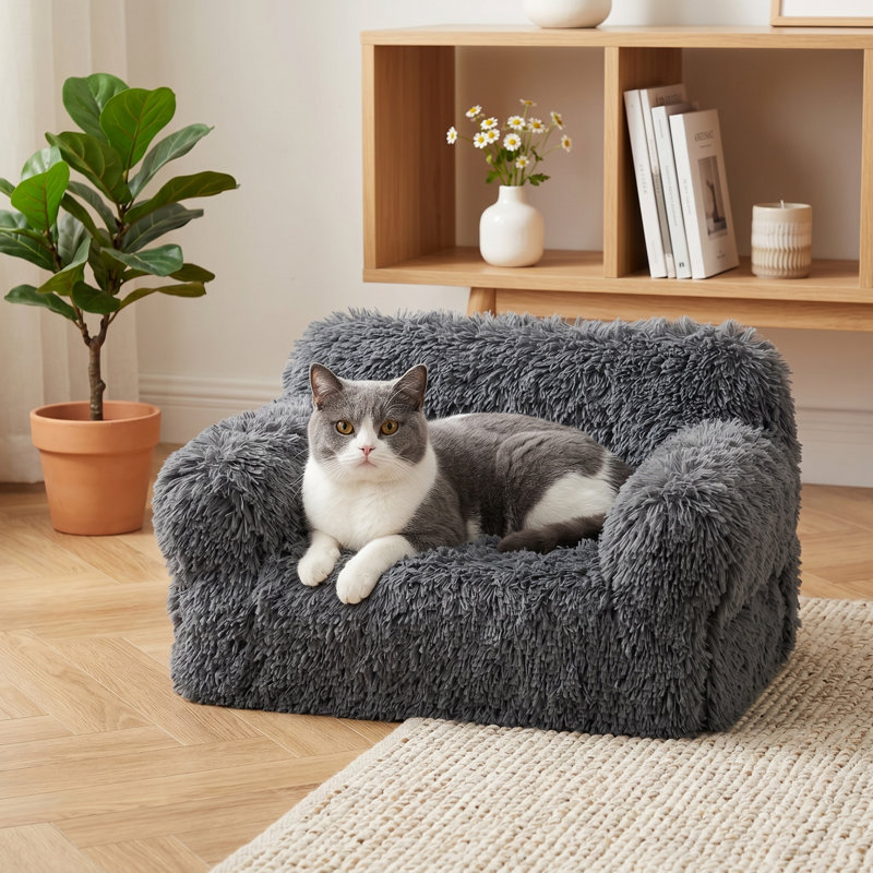 Canapé en peluche pour chats d'intérieur, chatons, chiens et petits animaux, housse amovible lavable à la machine, fond antidérapant, gris foncé