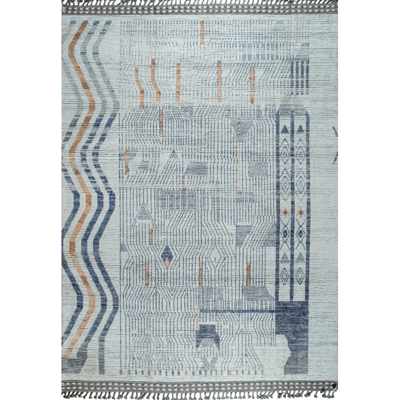 8x11 Ivory Hand-Knotted Wool Linear Maze Motif Tribal Modern Contemporary Carpet Rug