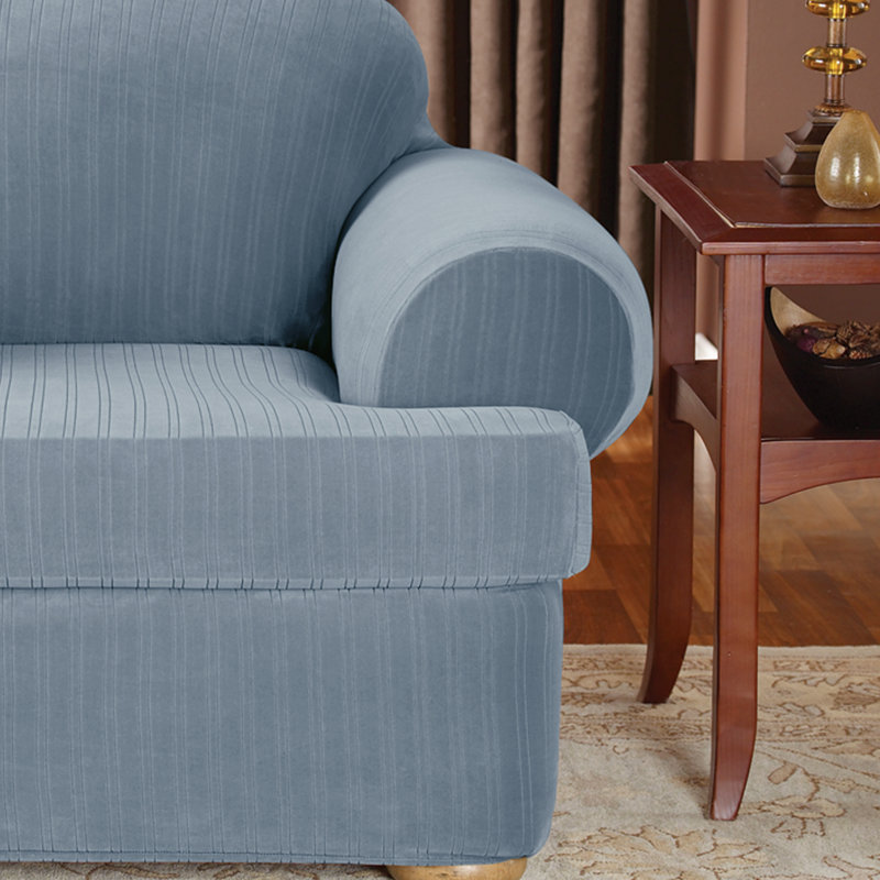 French Blue Stretch Pinstripe T-Cushion Chair Slipcover