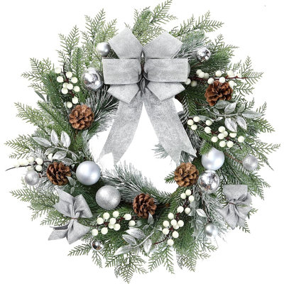 Couronne de Noël - vert et blanc - aiguilles de pin, baies, pommes de pin, arc argenté et ornements, décorations de Noël artificielles d'intérieur et d'extérieur