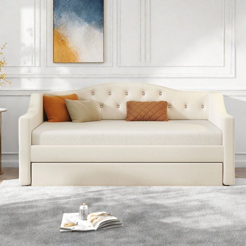 Modern Upholstered Daybed With Led Belt, Trundle And Button Tufted Design, Beige