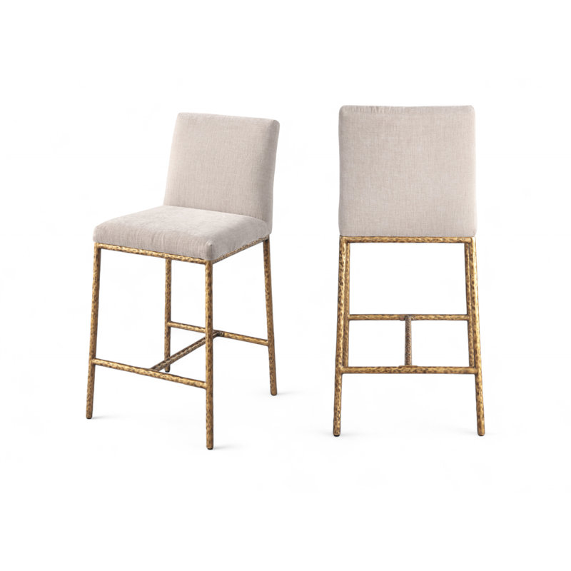 Tabouret de comptoir rembourré Reeves, Or brossé, Tissu chenille beige