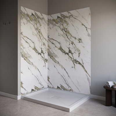 48 in. L x 36 in. W x 76 in. H 2-Piece Glue-Up Corner Shower Wall Surround in Matte Calcatta Marble Finish