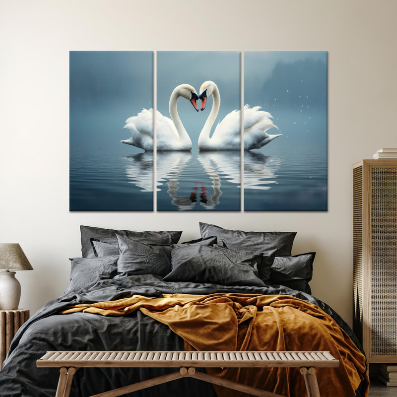 Impression sur toile Swans in Love: élégante décoration murale de salon, toile tendue 3P, H : 23,6 x L : 47,2 pouces
