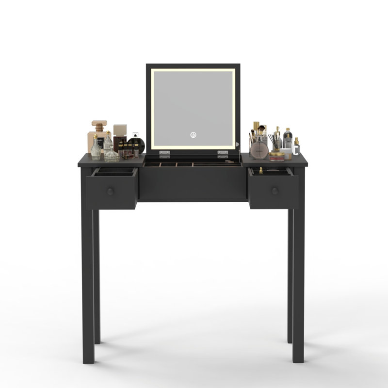 Sleek Vanity Table with LED Lights, Flip-Top Mirror and 2 Drawers, Jewelry Storage for Women Dressing, Black
