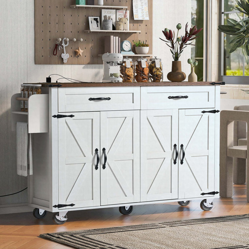 53.5"Farmhouse Kitchen Island with Power Outlet, Kitchen Storage Island with Drop Leaf, Spice Rack and Drawer, Rolling Kitchen Cart on Wheels, for Home, Kitchen and Dining Room, White
