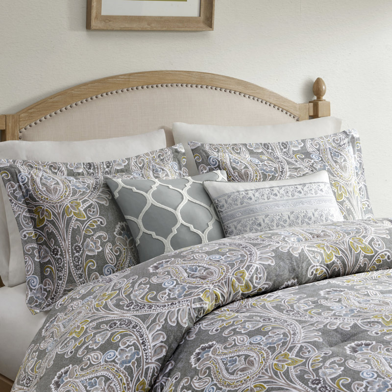 Édredon très grand en coton gris avec des touches de bleu et de jaune, Édredon de très grande taille et 5 pièces suppl
