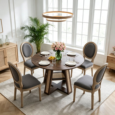 Ensemble table et chaises de salle à manger extensibles (110 à 150 cm), table de cuisine rustique ronde à ovale avec étagère de rangement et chaises en lin de style français, idéal pour les petits espaces.