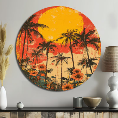 Red Summer Fire - Sunflowers Round Metal Wall Decor, Traditional Yellow Metal Art Print