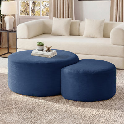 2-Piece Round Ottoman Set for Living Room, Modern Corduroy Footstool with High-Density Foam, Blue