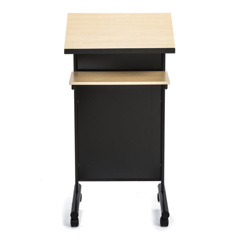 Beech and Black Metal Standing Desk with Wheels and Shelves