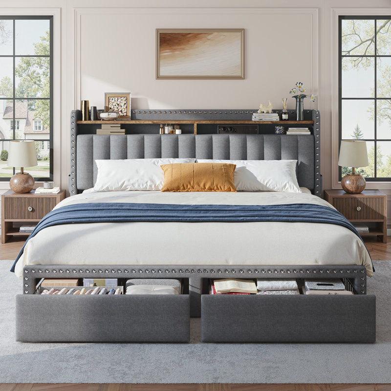 Francille Upholstered Bed Frame with 2 Drawers, 2-Tier Storage Headboard with Side Pockets, Grey, King